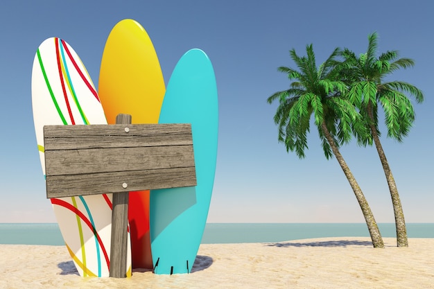 Turismo e concetto di viaggio. Tavole da surf estive colorate con cartello di direzione in legno vuoto in Tropical Paradise Beach con sabbia bianca e palme da cocco su uno sfondo di cielo blu. Rendering 3D