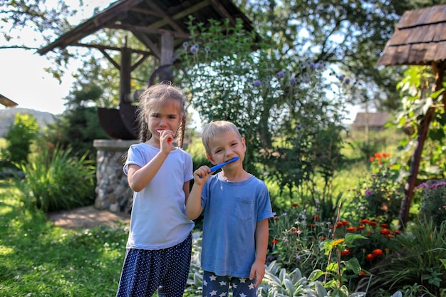 Turismo locale per la salute dentale bambini piccoli che si puliscono i denti nel cortile di una casa di campagna