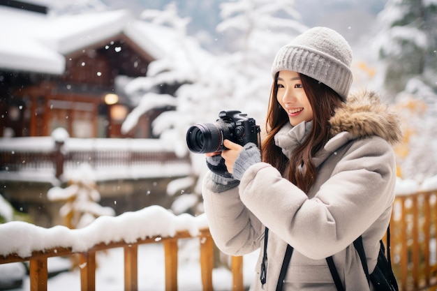 Turista asiatica che utilizza una fotocamera digitale per scattare foto durante il viaggio nella zona di Ginzan onsen a Yamagata