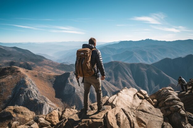 Turista avventuroso sulle rocce dell'alta montagna concetto di successo della vita attiva