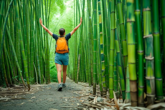 Turista che cammina in una foresta naturale di bambù Giornata internazionale dell'ambiente