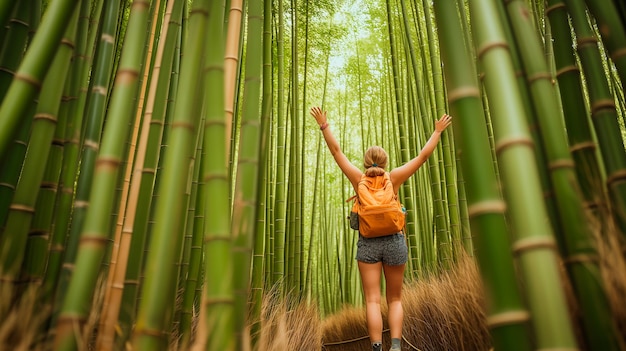 Turista che cammina in una foresta naturale di bambù Giornata internazionale dell'ambiente