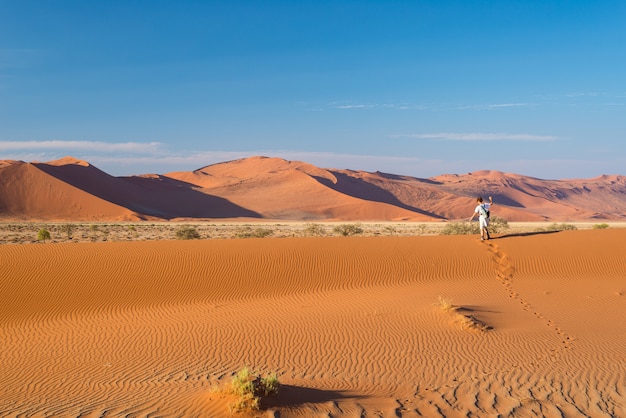 Turista che cammina nel maestoso deserto del Namib, Sossusvlei