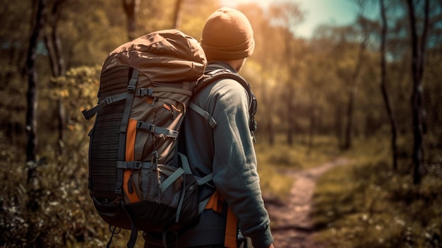 Turista che indossa uno zaino da trekking con pannelli solari IA generativa