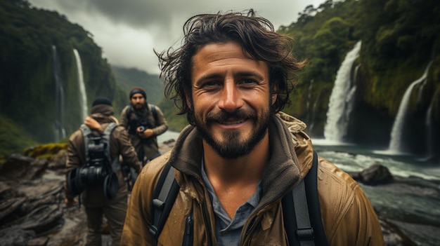 Turista che scatta foto di selfie davanti alla cascata