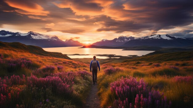 turista con uno zaino in patagonia vicino ad un lago in montagna