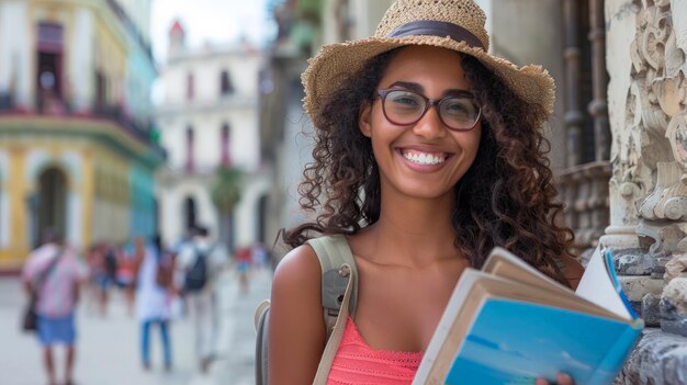 Turista cubana con una guida turistica sulla Plaza de Armas Havana Cuba Giovane viaggiatrice sorridente felice