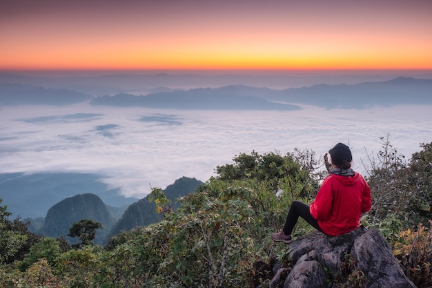 Turista della donna che si siede facente un giro turistico sulla collina con nebbia nell'alba al santuario della fauna selvatica