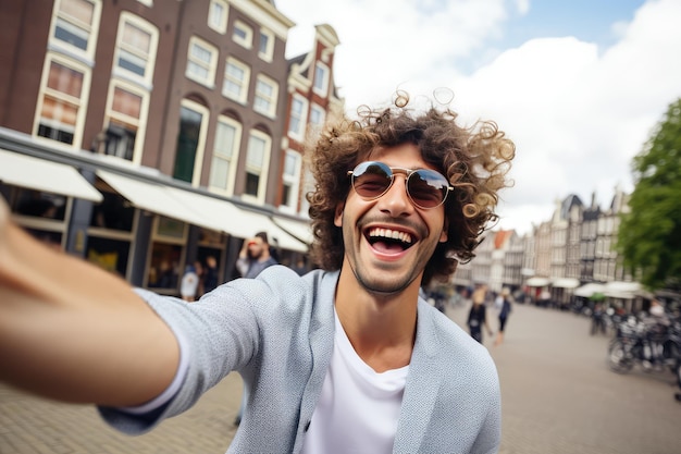 Turista felice che scatta foto di selfie ad Amsterdam