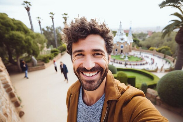 Turista felice che scatta selfie SelfPortrait con l'intelligenza artificiale generativa per smartphone
