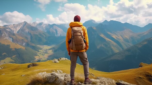 Turista in cima alla montagna concetto di vita attiva