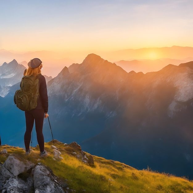 Turista in montagna al tramonto