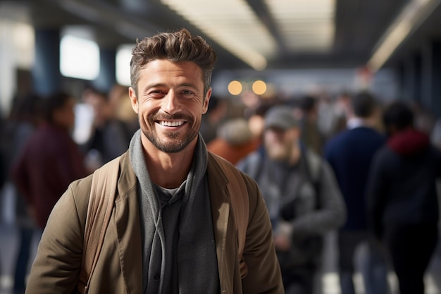 turista maschio in piedi e sorridente in una stazione ferroviaria piena di gente