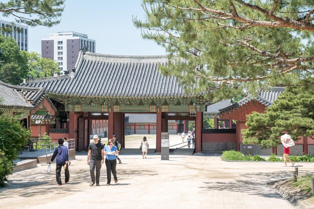 Turisti che camminano al palazzo di changdeokgung durante una giornata di sole