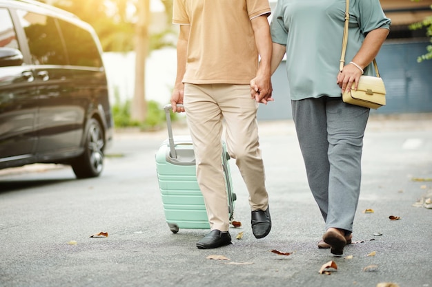 Turisti che camminano con la valigia