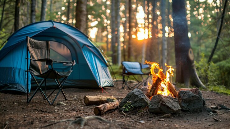 Turisti che campeggiano con una tenda vicino a un fuoco nella foresta vicino al lago
