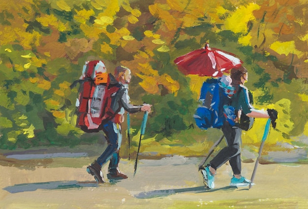 Turisti che fanno un'escursione pittura. Un uomo e una donna con gli zaini stanno camminando lungo la strada.