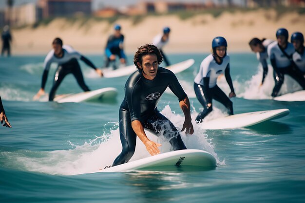 Turisti che imparano a fare surf con gli istruttori