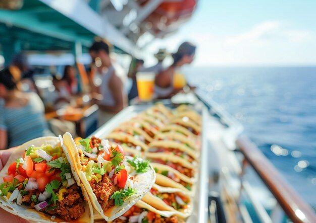 Turisti che mangiano deliziosi tacos tradizionali messicani in una crociera