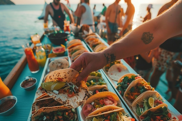 Turisti che mangiano deliziosi tacos tradizionali messicani in una crociera