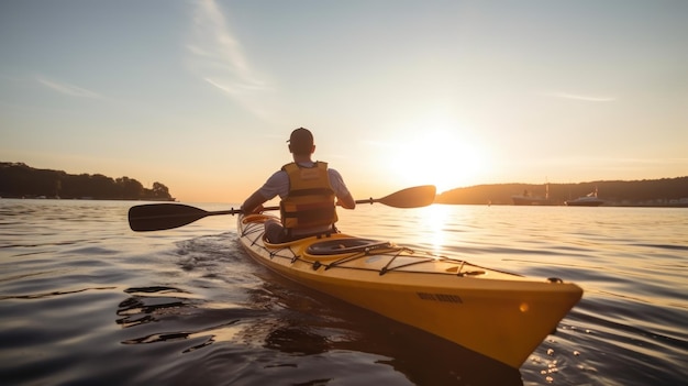 Turisti in kayak lungo un lago calmo alla leggera luce dell'alba che scoprono la natura selvaggia