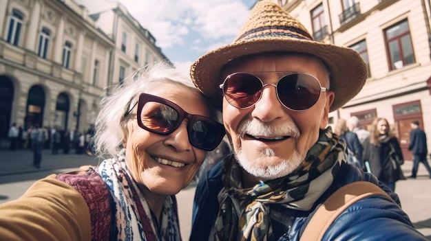 Turisti sorridenti Un'immagine generata dall'IA di una coppia di anziani con un selfie stick