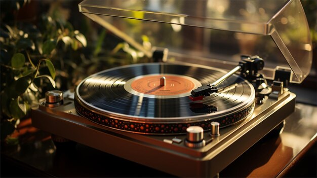 Turntable con un disco in vinile sul tavolo da vicino