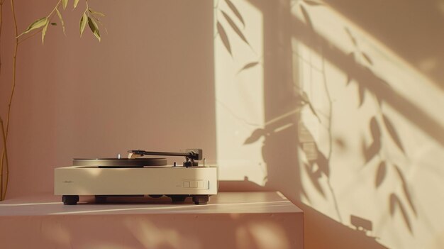 Turntable vintage in calda luce ambientale con un'ombra di piante d'appartamento che evoca la nostalgia