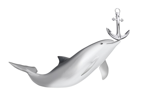 Tursiops Truncatus Ocean o Sea Bottlenose Dolphin gioca con l'ancora nautica su uno sfondo bianco. Rendering 3D