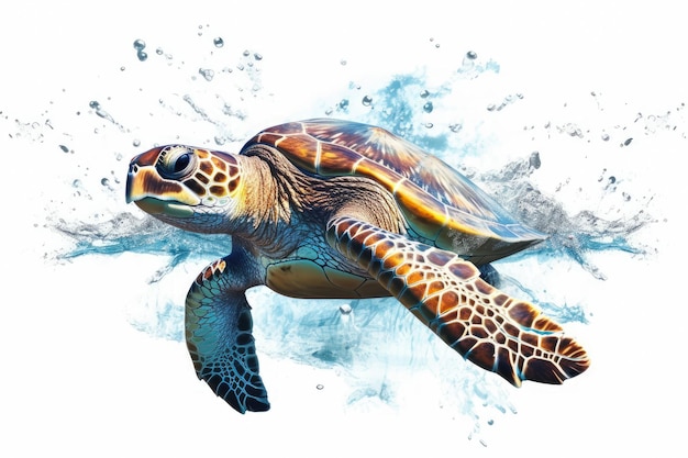 Turtle swimimg con spruzzi d'acqua isolati su sfondo bianco Tecnologia ai generativa