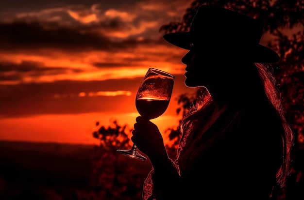 Tuscan Wine Delight Donna che apprezza il vino Chianti e il tramonto sulle colline