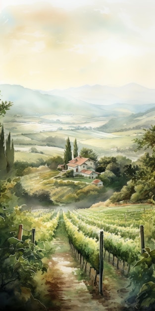 Tuscany Vineyards Road Pittura ad acquerello realistica di viti lussureggianti
