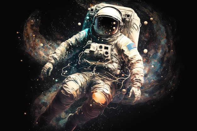 Tuta spaziale con astronauta artistico che galleggia in un ambiente a gravità zero circondato da stelle
