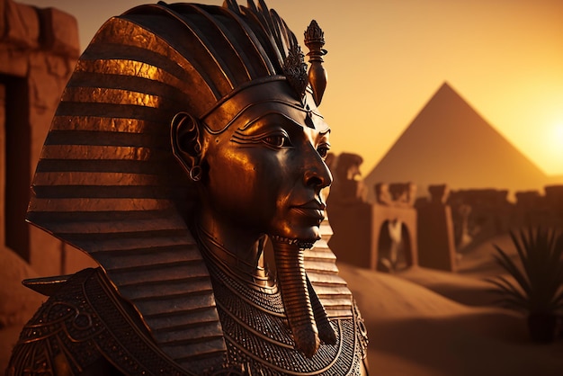 Tutankhamon al tramonto con le piramidi di Giza sullo sfondo in Egitto Arte generata da Ai