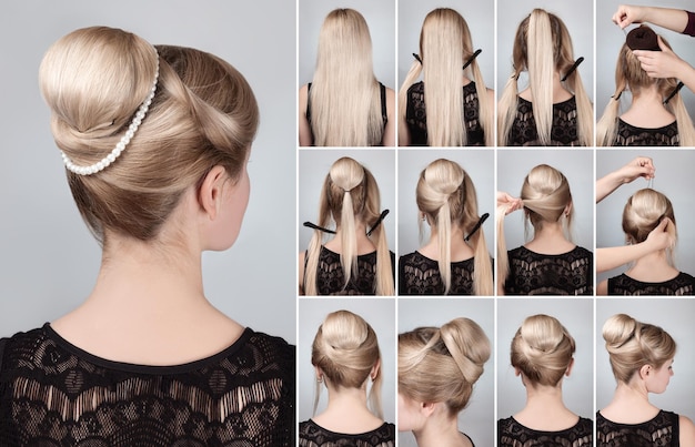 Tutoriale di acconciatura panino elegante con chignon e stringa di perle donna bionda con panino retro