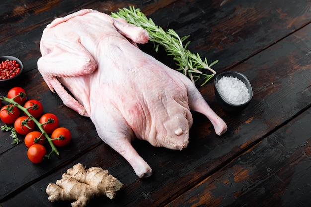 Tutta la carne d'oca cruda su legno scuro