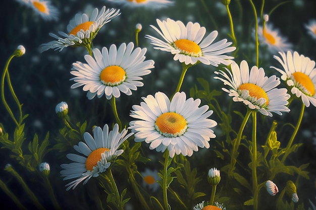 Tutta una grande radura di camomilla luminosa in fiore con petali bianchi come la neve