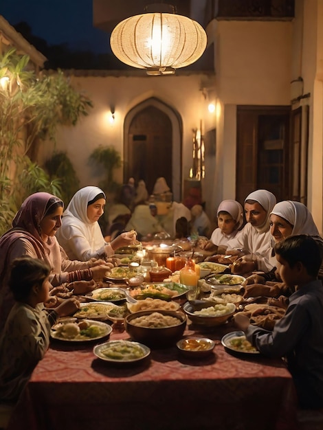 Tutti in famiglia stanno mangiando l'iftar insieme.