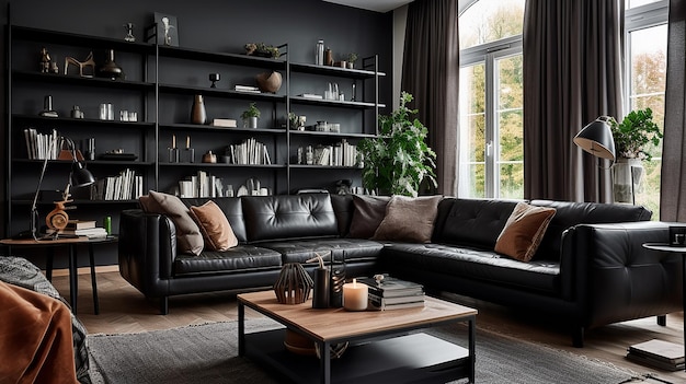 Tutto nero elegante e accogliente interno soggiorno con tende nere e divano