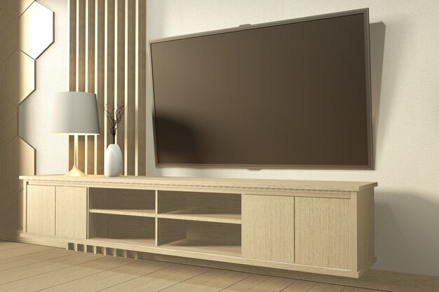 Tv a parete e mobile in legno nella moderna stanza vuota Disegni minimal giapponesi. Rendering 3D
