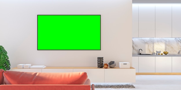 TV bianco soggiorno con divano, cucina, console. 3d render illustrazione.