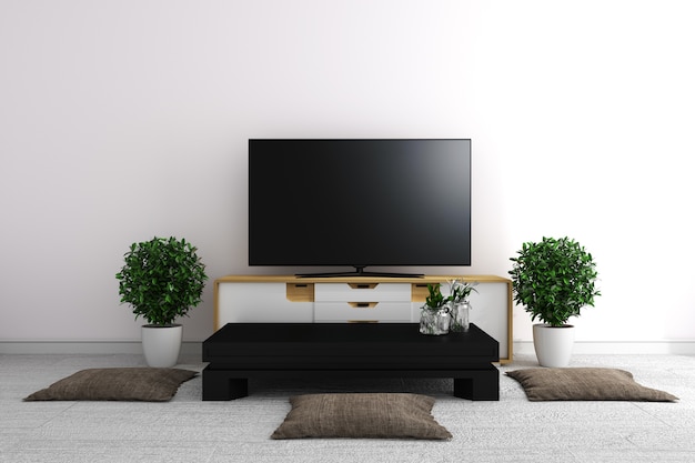 TV in bianco moderno stanza vuota interni minimal design - stile giapponese. Rendering 3D