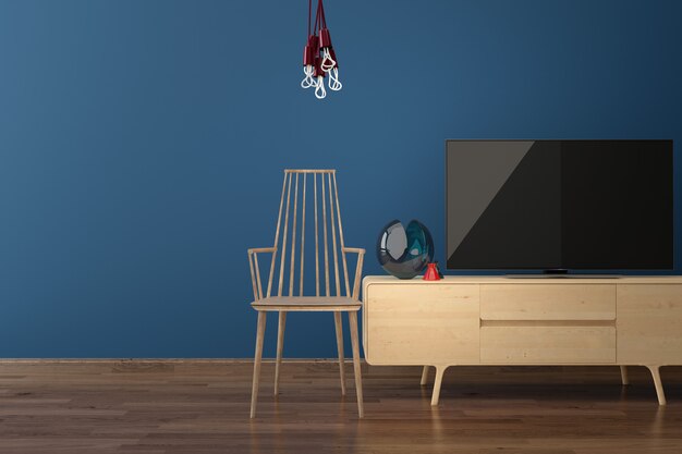 TV led sul pavimento in legno blu muro