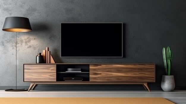 TV LED sulla parete scura del soggiorno con mobile in legno dal design minimale
