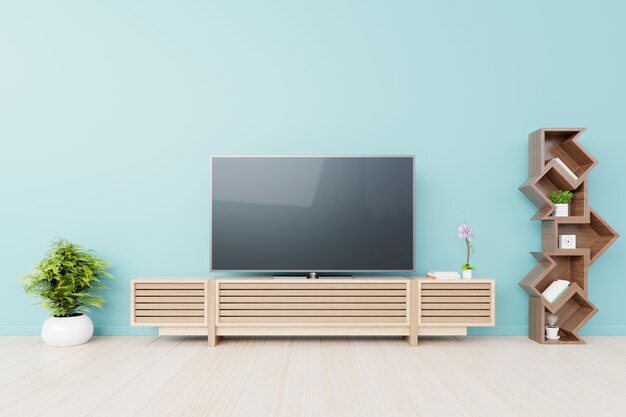 TV nella parete vuota moderna stanza blu. Rendering 3D