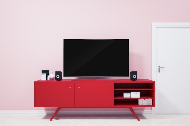 TV ultra hd curvo su supporti TV rossi e idee decorative