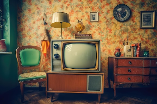 TV vintage contro il muro Stile retrò IA generativa