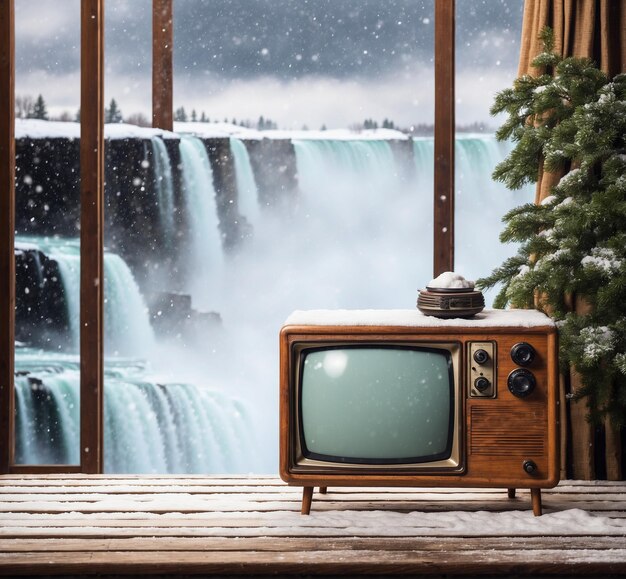 TV vintage sullo sfondo di una cascata ghiacciata Paesaggio invernale