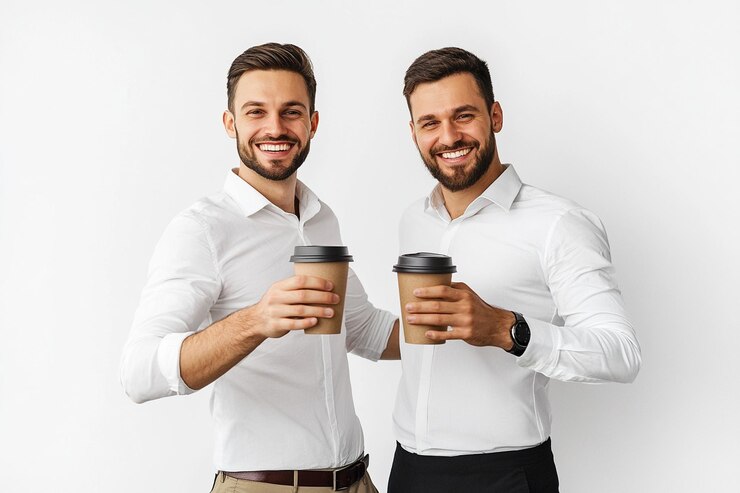 Two businessmen clinking coffee cups and smiling o