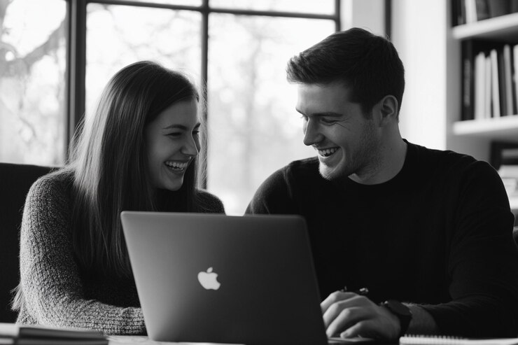 Two coworkers smiling while reviewing a business p